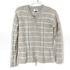 3/$30 Old Navy | Tan White Stripe Lace Up Sweater S